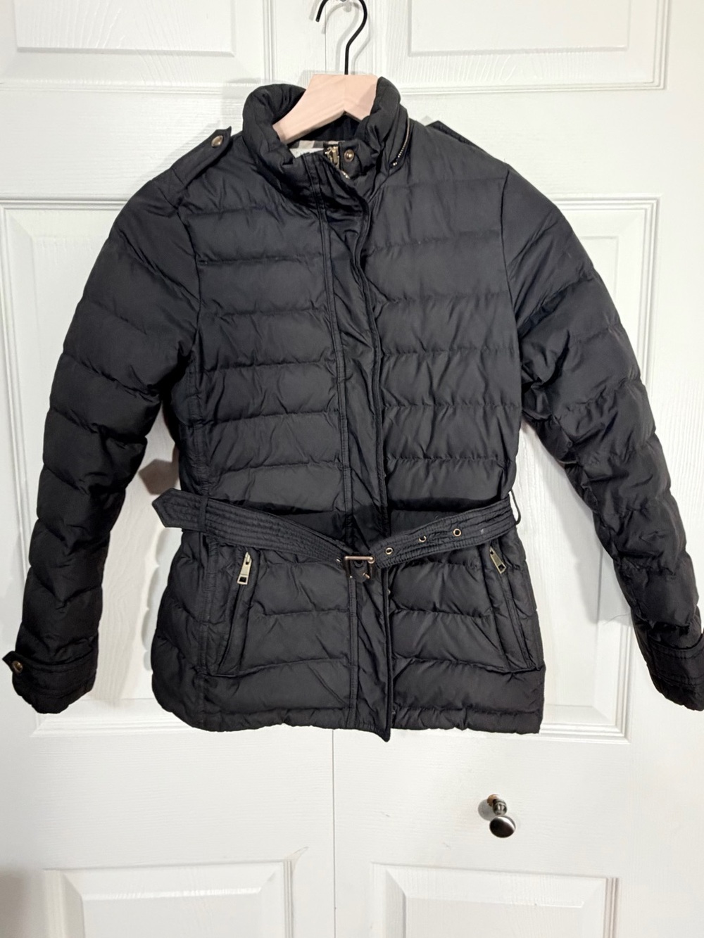 Burberry Kids Down Puffer Jacket Belted Check Lined Black Size 12 Burberry Coat